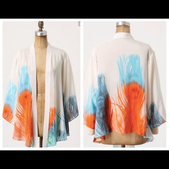 Anthropologie White Kimono with Orange and Blue Feather Print - Picture 1 of 4